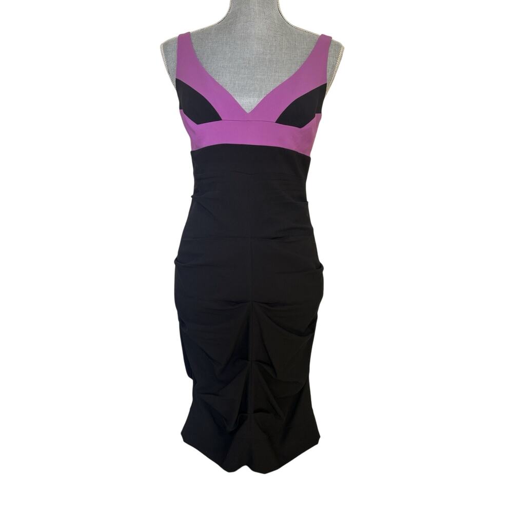 Silk Blend Purple Black Color Block Ruched Bodycon Dress Y2K Midi Size 8 Hoco